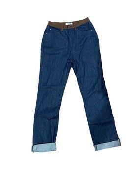 WeWoreWhat Navy Straight-Leg Jeans with Brown Waistband